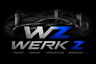 Werk Z automotive logo with gray and blue lettering, silhouette of sports car, and medieval castle background, tagline showing Ankauf Verkauf Aufbereitung Reparatur