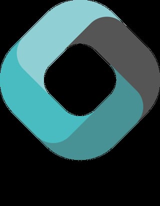 Abstract rounded square logo with layered teal and dark gray shapes forming an interlocking frame design